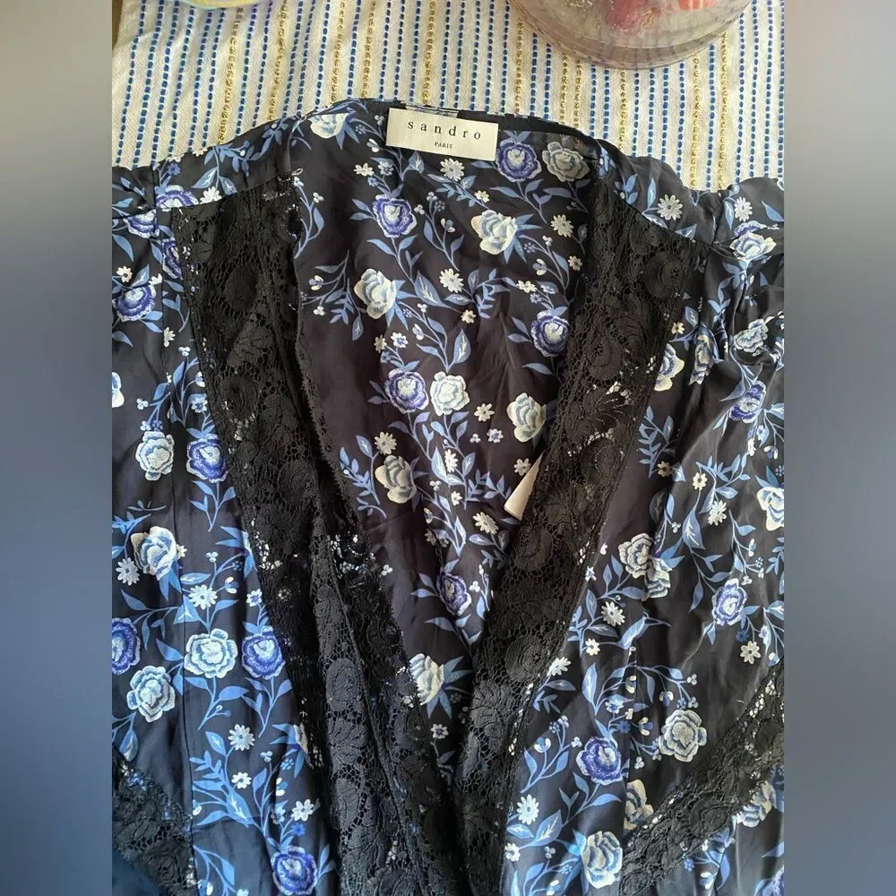 SANDRO  Paris  Womens Sz34 XS Black Blue Floral Silk Heart Romper Jumpsuit NWT - Picture 9 of 16